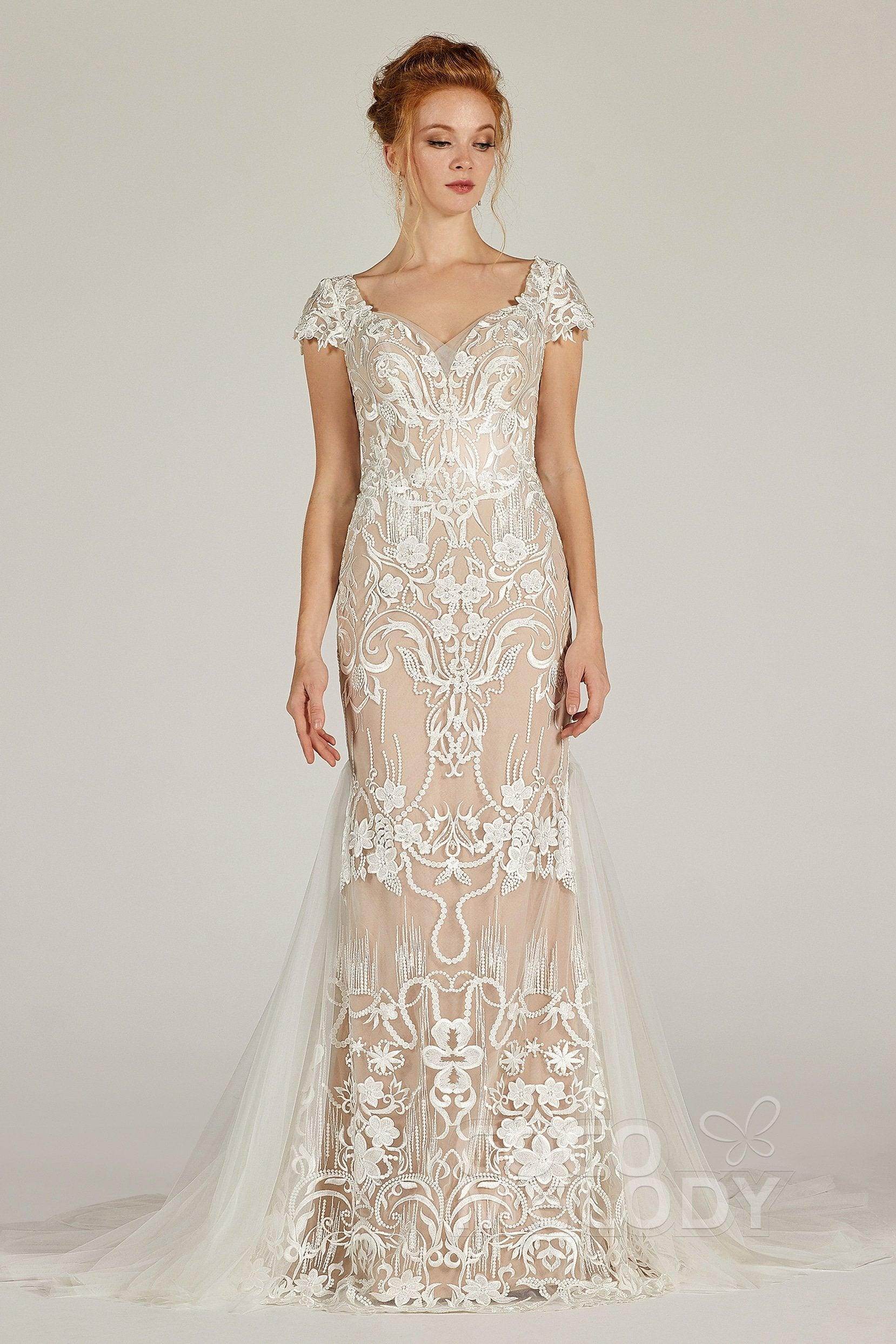 Trumpet Court Train Lace Knitted Fabric Wedding Dress CW2129CR - COCOMELODY